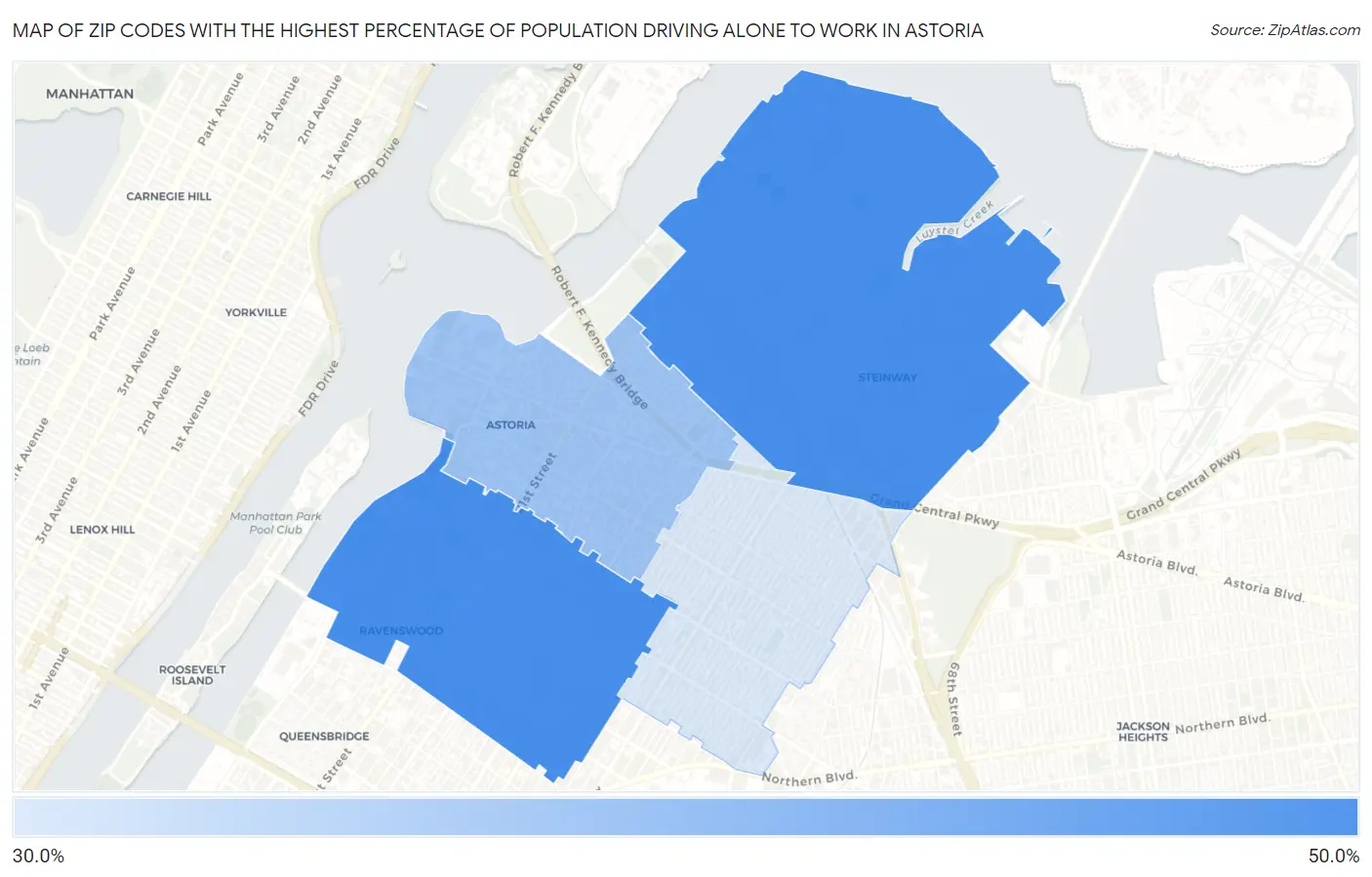 Zip Codes with the Highest Percentage of Population Driving Alone to Work in Astoria Map