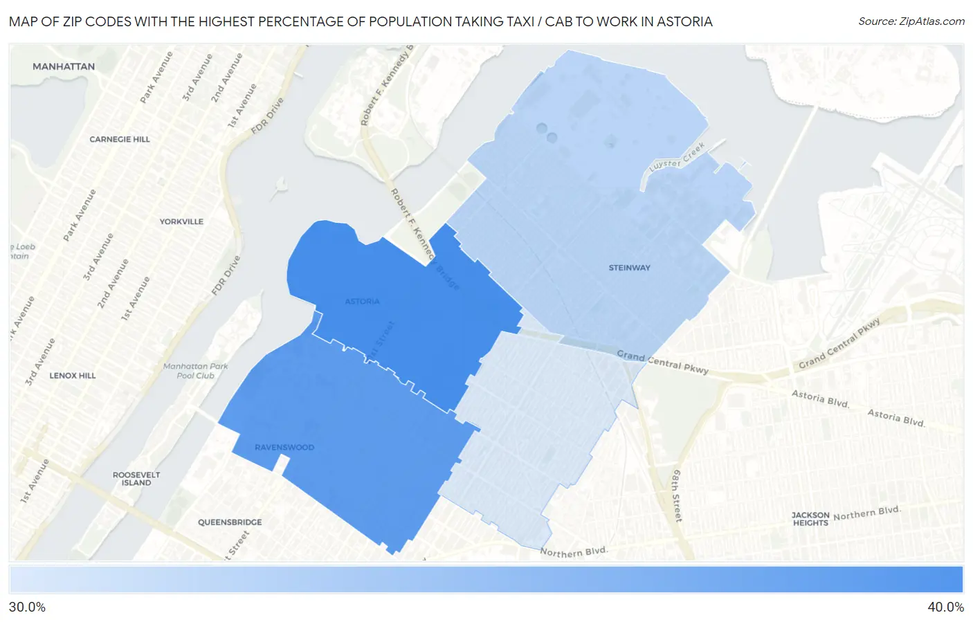 Zip Codes with the Highest Percentage of Population Taking Taxi / Cab to Work in Astoria Map