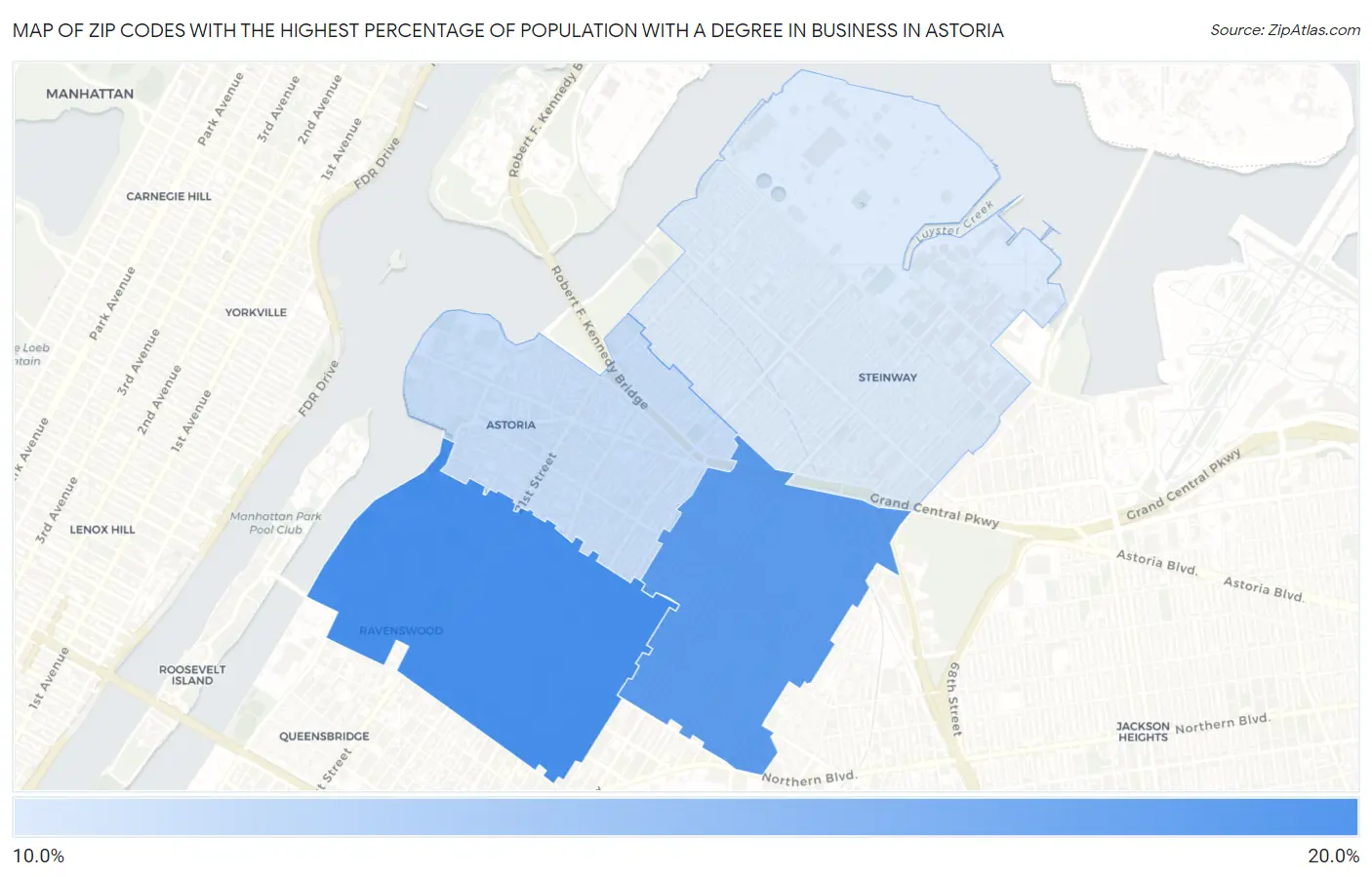 Zip Codes with the Highest Percentage of Population with a Degree in Business in Astoria Map