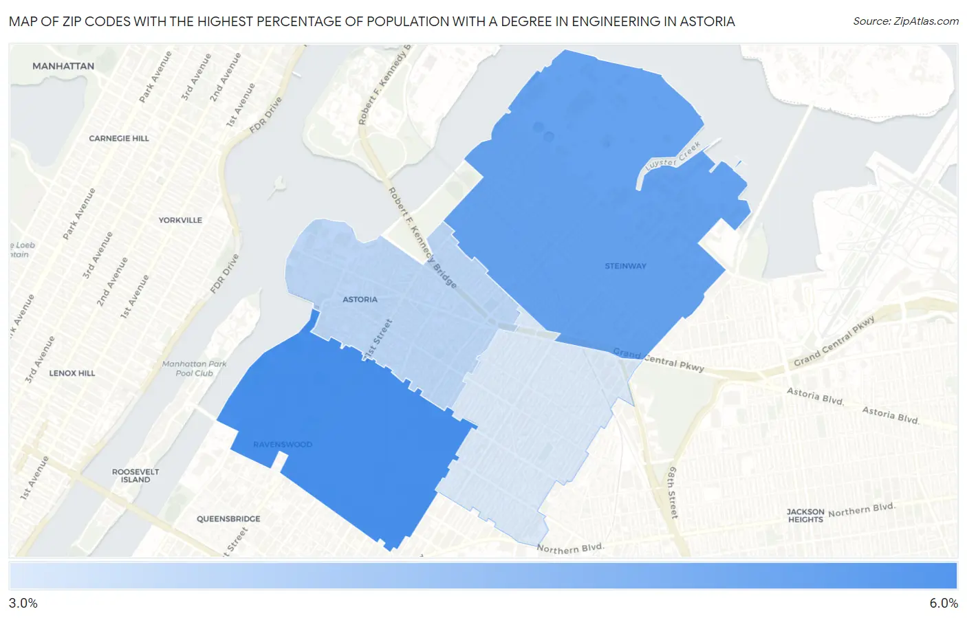 Zip Codes with the Highest Percentage of Population with a Degree in Engineering in Astoria Map