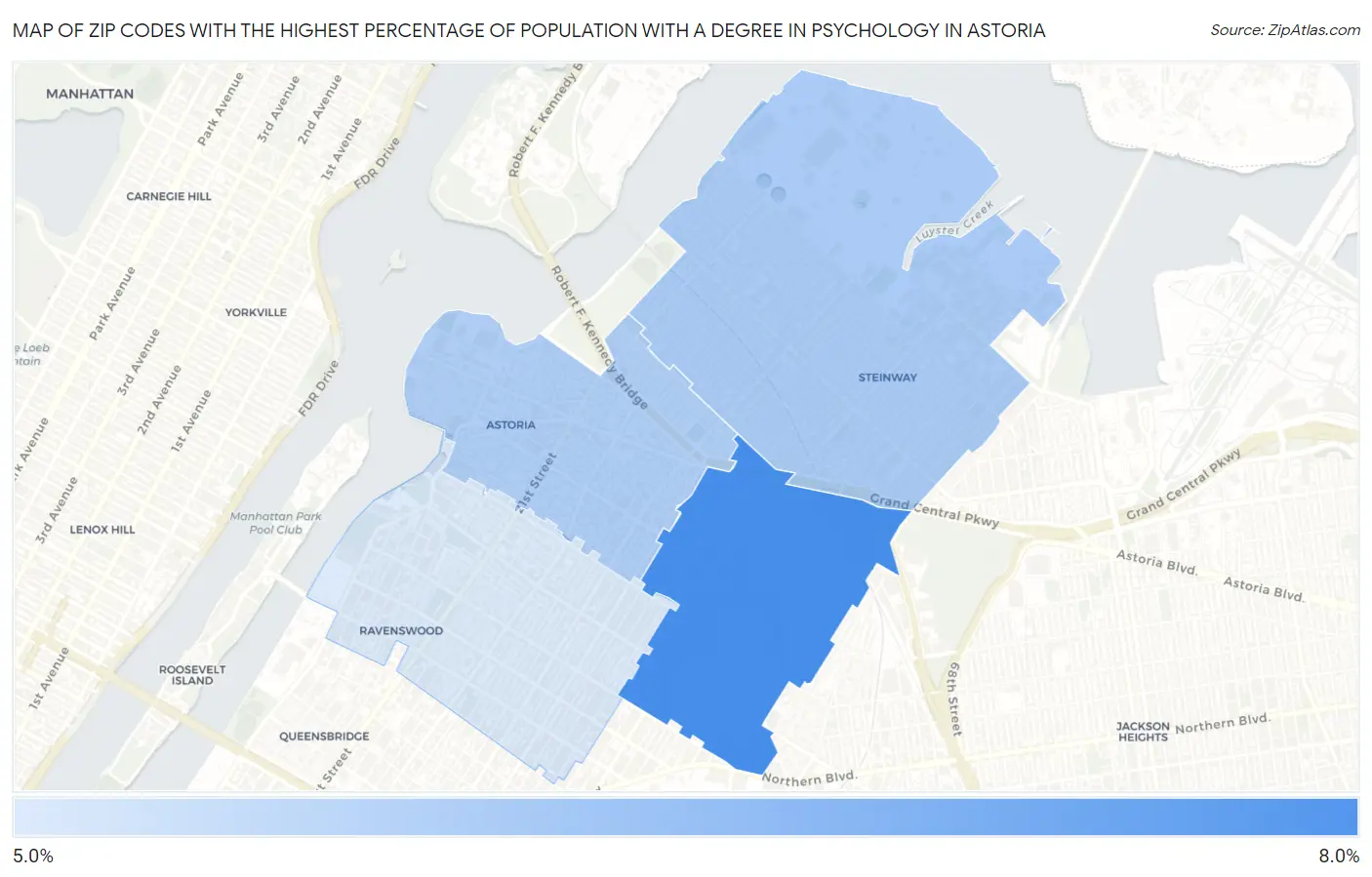 Zip Codes with the Highest Percentage of Population with a Degree in Psychology in Astoria Map