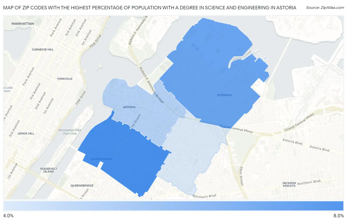 Zip Codes with the Highest Percentage of Population with a Degree in Science and Engineering in Astoria Map