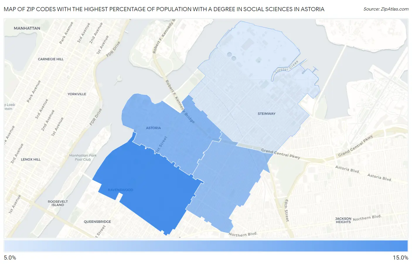 Zip Codes with the Highest Percentage of Population with a Degree in Social Sciences in Astoria Map