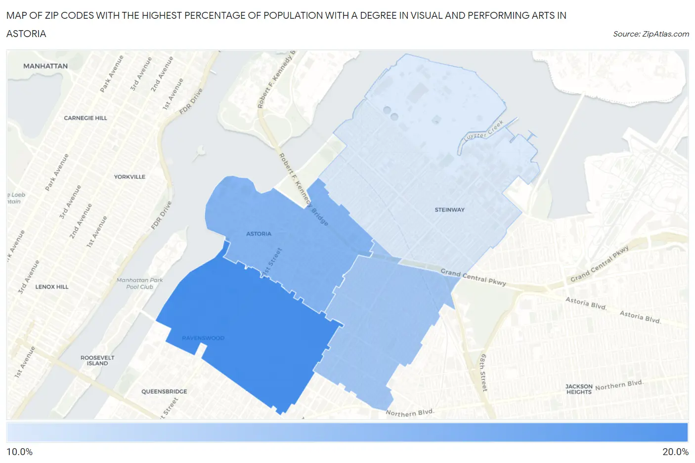Zip Codes with the Highest Percentage of Population with a Degree in Visual and Performing Arts in Astoria Map