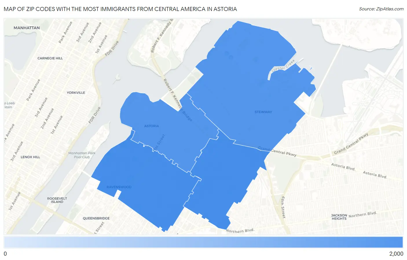 Zip Codes with the Most Immigrants from Central America in Astoria Map