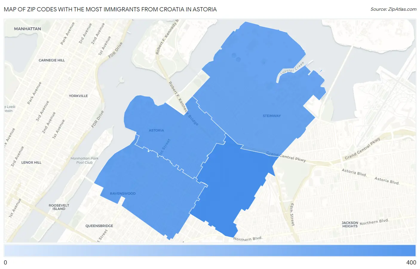 Zip Codes with the Most Immigrants from Croatia in Astoria Map