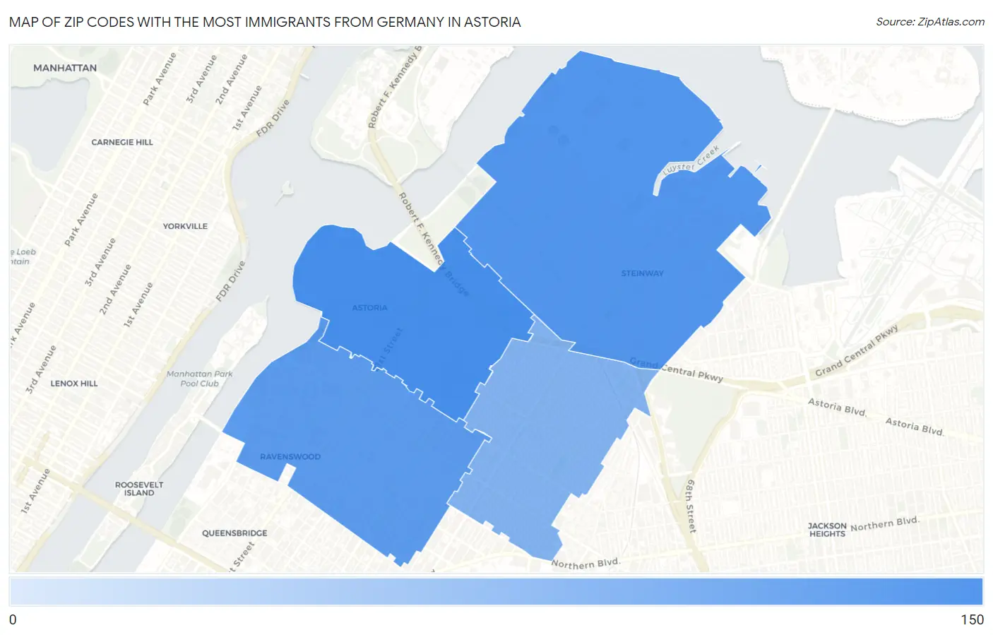 Zip Codes with the Most Immigrants from Germany in Astoria Map