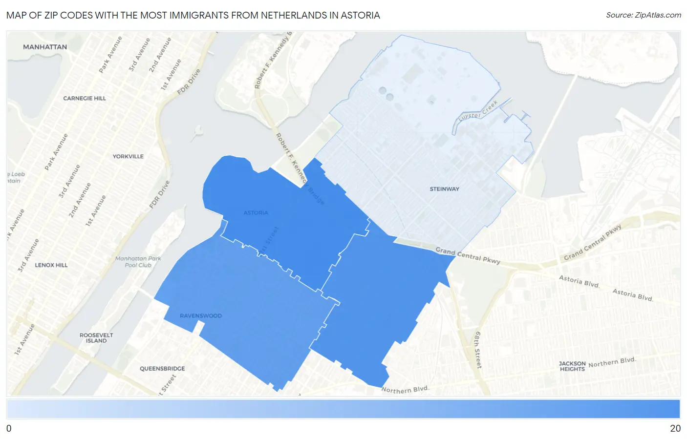 Zip Codes with the Most Immigrants from Netherlands in Astoria Map
