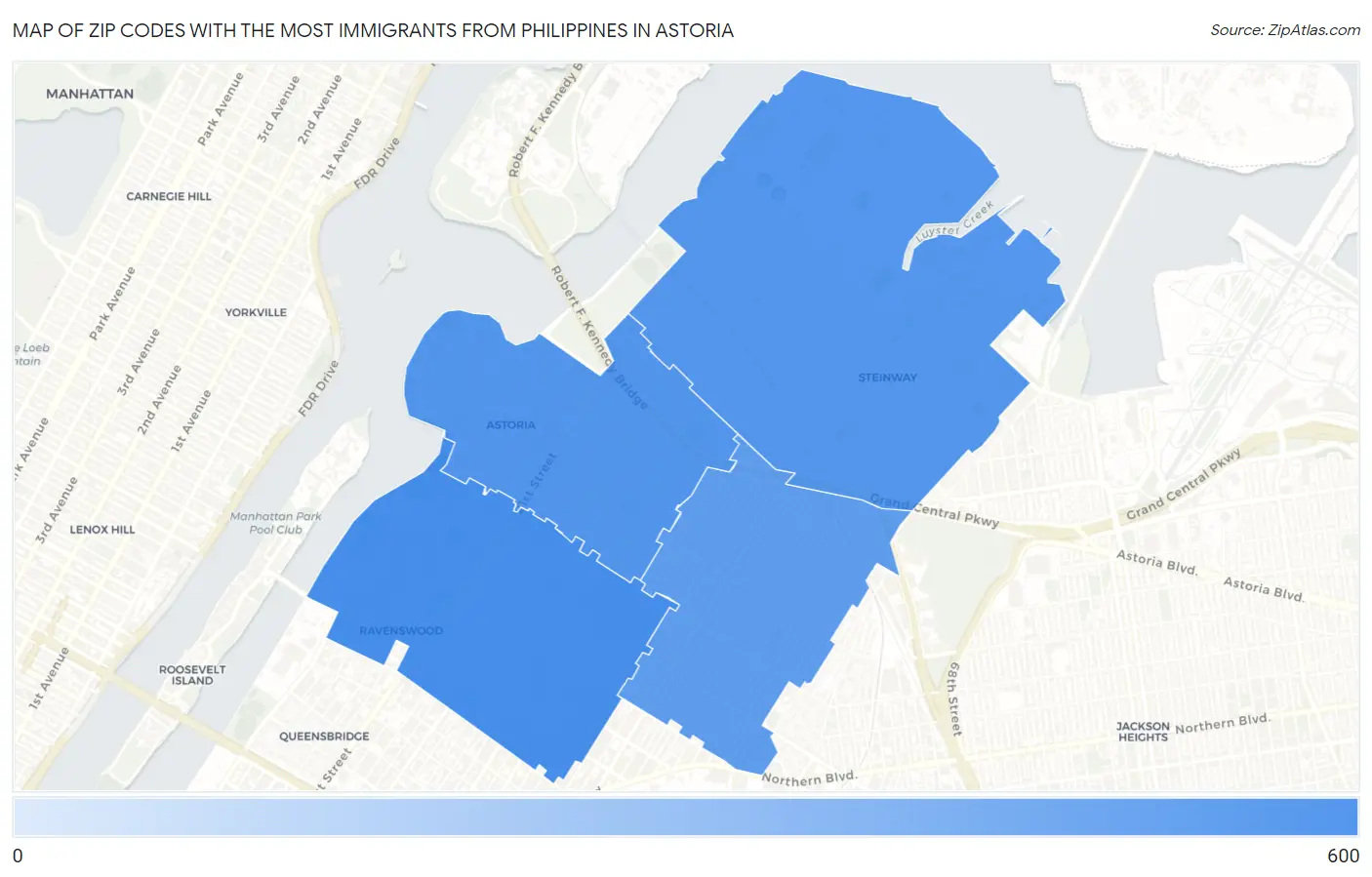 Zip Codes with the Most Immigrants from Philippines in Astoria Map