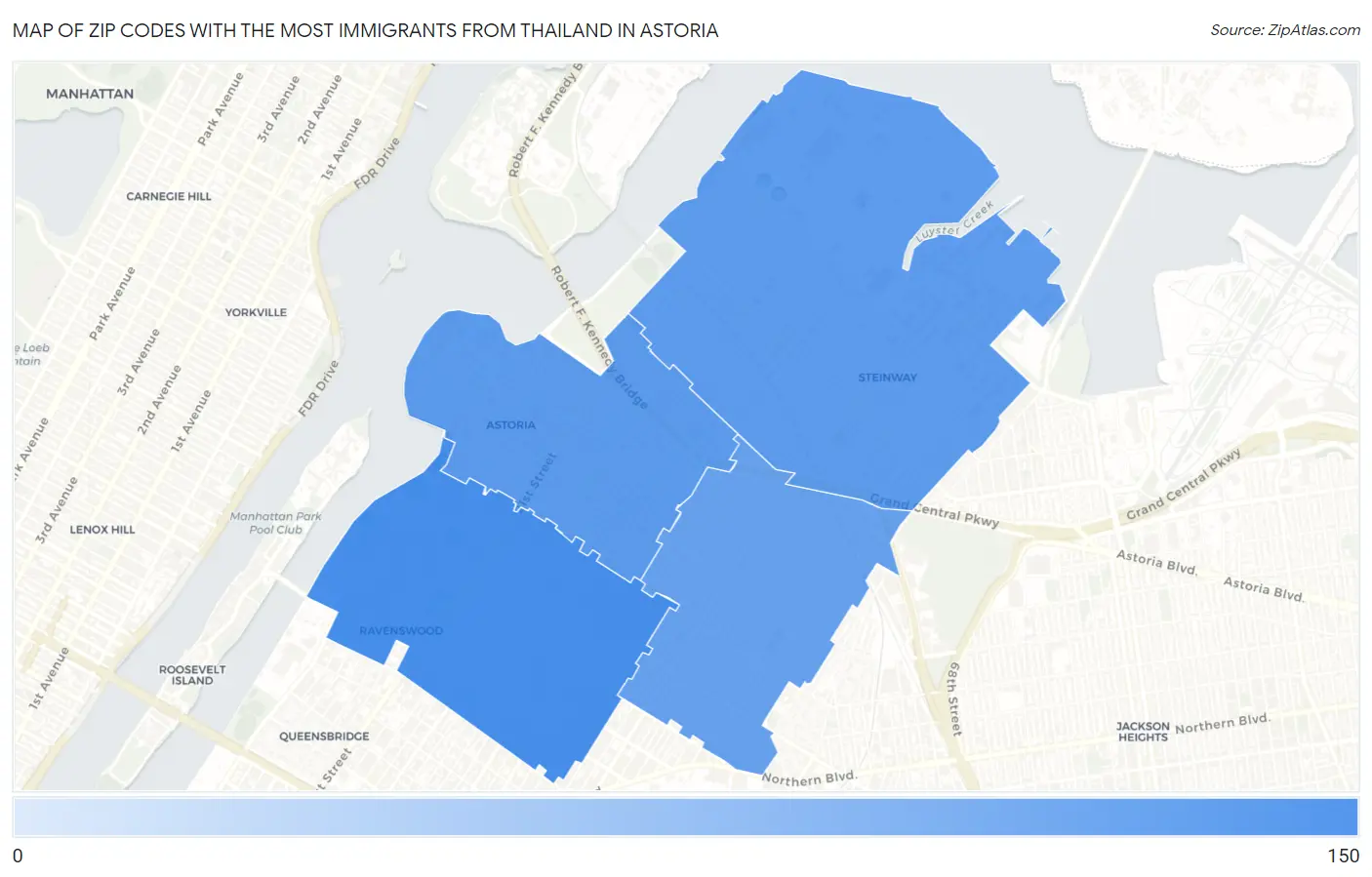 Zip Codes with the Most Immigrants from Thailand in Astoria Map