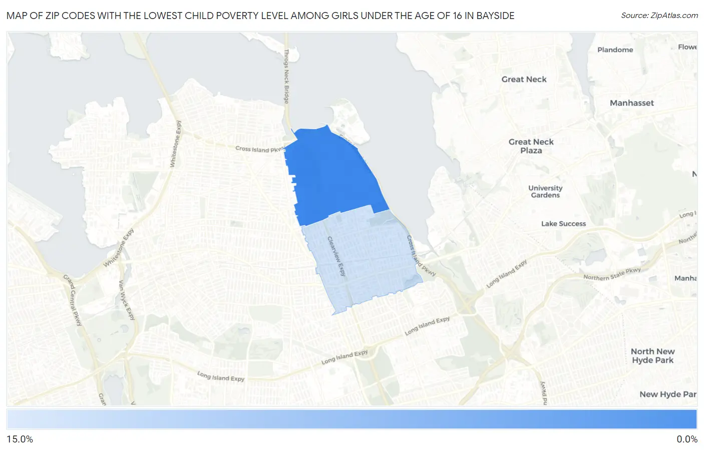 Zip Codes with the Lowest Child Poverty Level Among Girls Under the Age of 16 in Bayside Map
