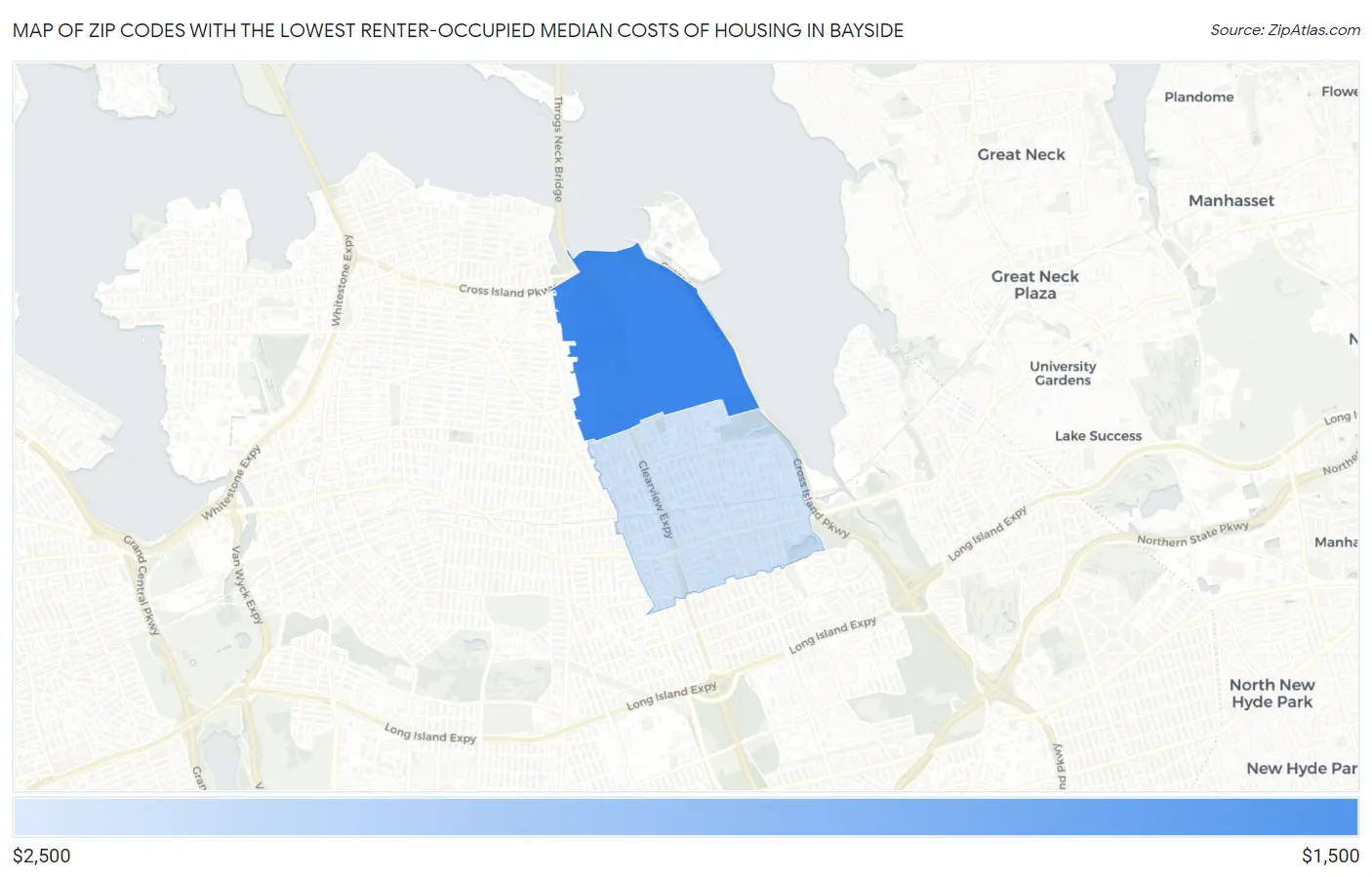 Zip Codes with the Lowest Renter-Occupied Median Costs of Housing in Bayside Map