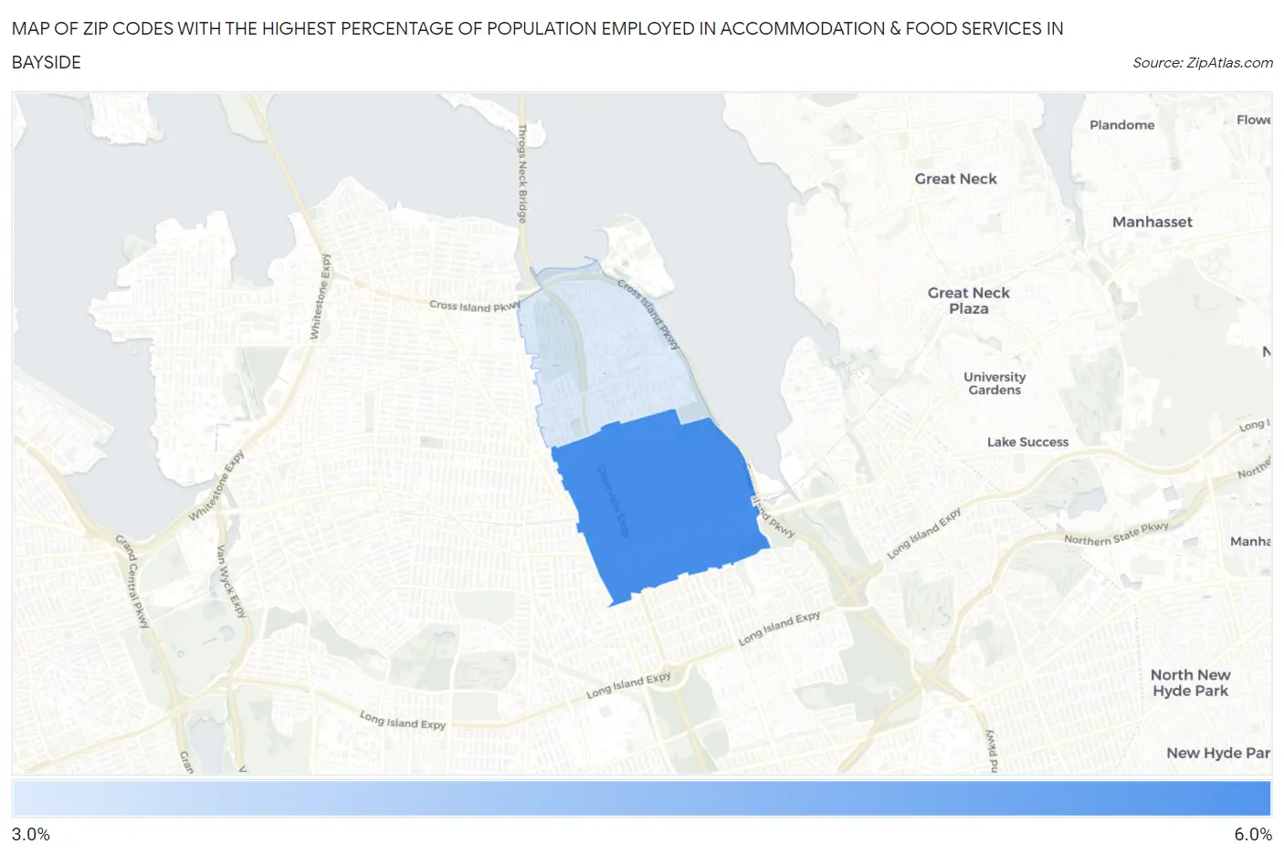 Zip Codes with the Highest Percentage of Population Employed in Accommodation & Food Services in Bayside Map
