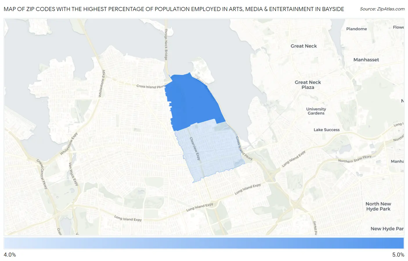Zip Codes with the Highest Percentage of Population Employed in Arts, Media & Entertainment in Bayside Map