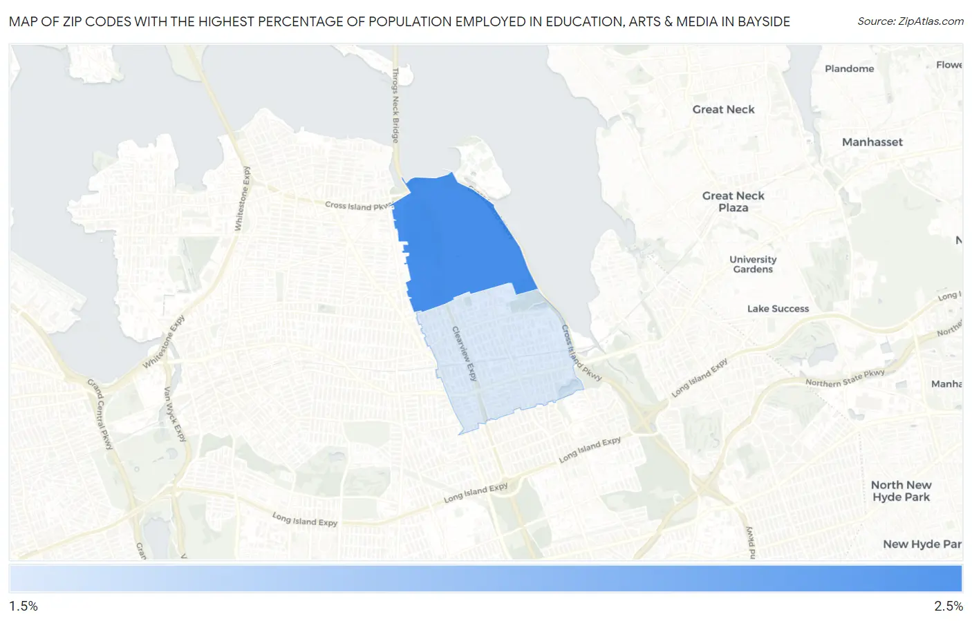 Zip Codes with the Highest Percentage of Population Employed in Education, Arts & Media in Bayside Map