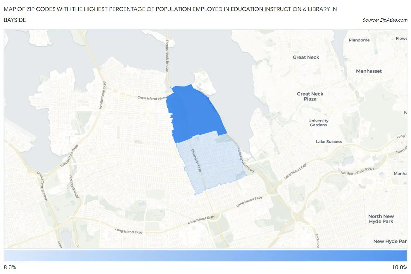 Zip Codes with the Highest Percentage of Population Employed in Education Instruction & Library in Bayside Map