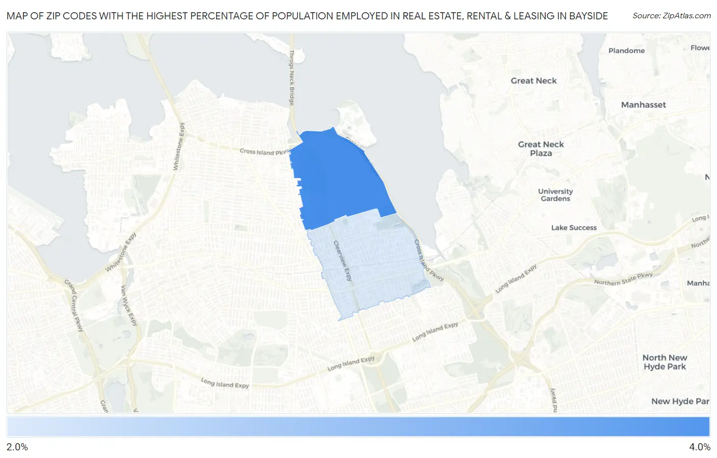 Zip Codes with the Highest Percentage of Population Employed in Real Estate, Rental & Leasing in Bayside Map