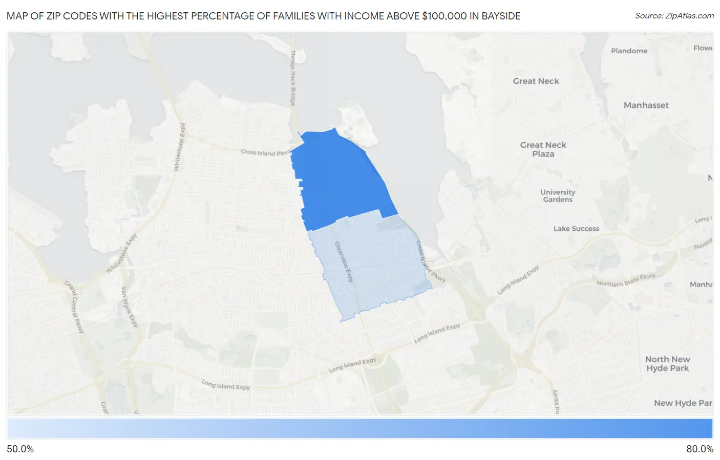 Zip Codes with the Highest Percentage of Families with Income Above $100,000 in Bayside Map