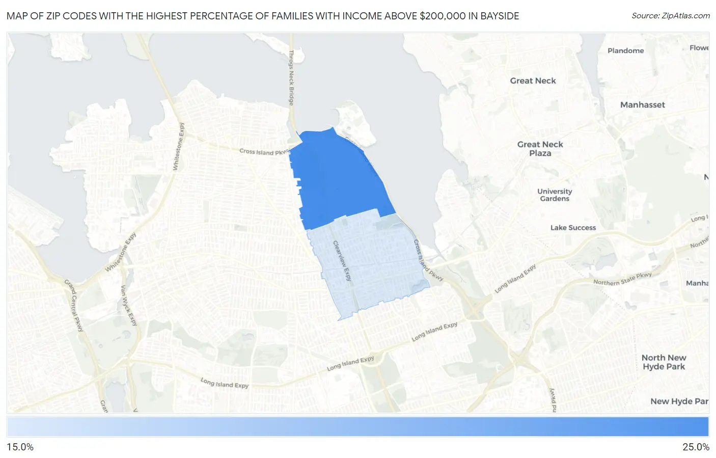 Zip Codes with the Highest Percentage of Families with Income Above $200,000 in Bayside Map