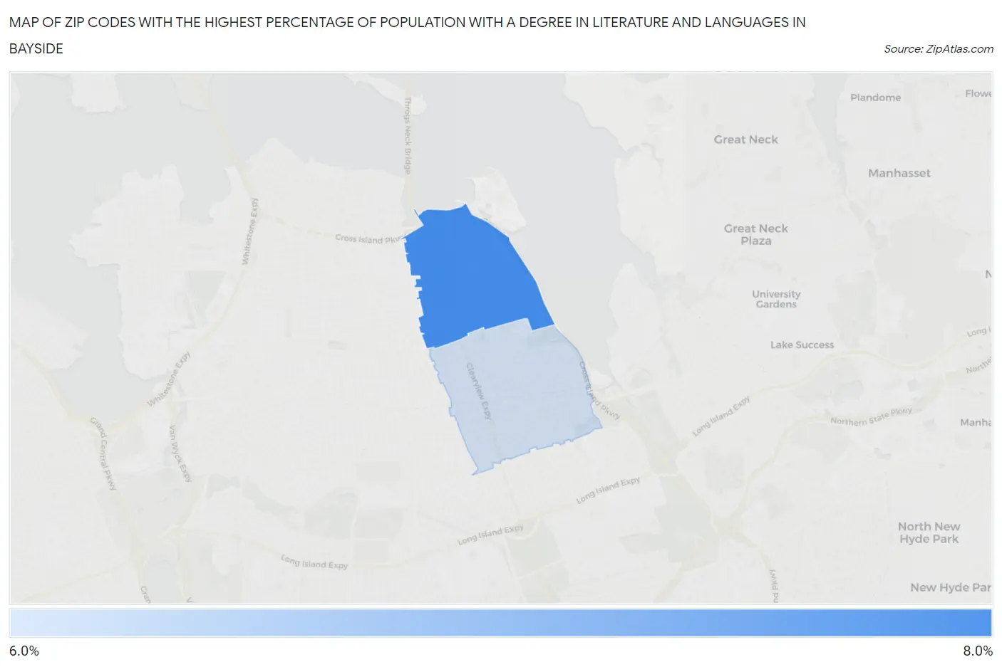 Zip Codes with the Highest Percentage of Population with a Degree in Literature and Languages in Bayside Map