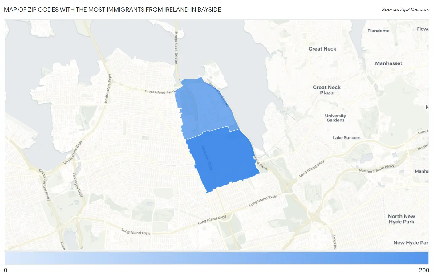 Zip Codes with the Most Immigrants from Ireland in Bayside Map