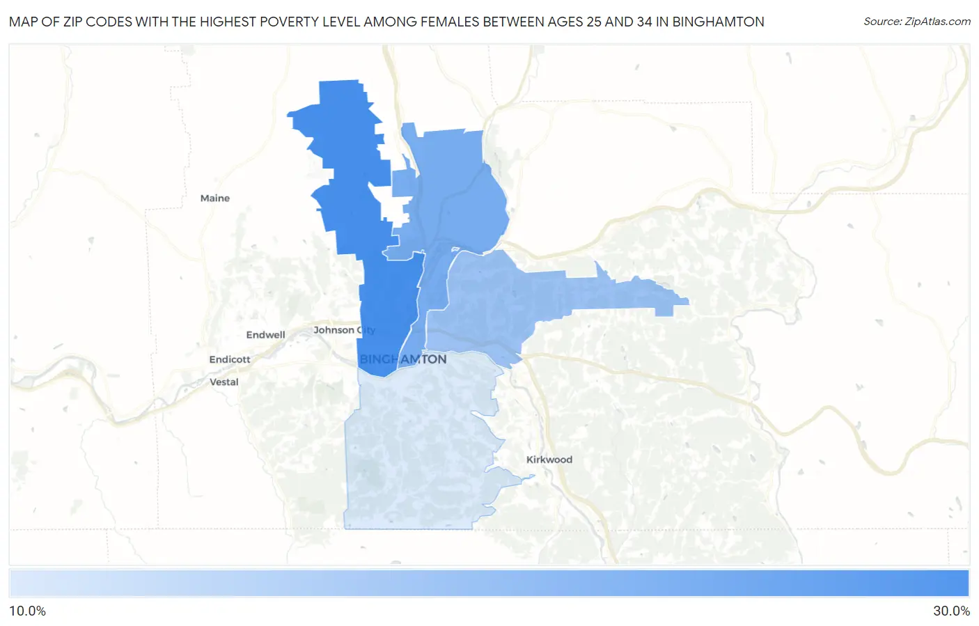 Zip Codes with the Highest Poverty Level Among Females Between Ages 25 and 34 in Binghamton Map