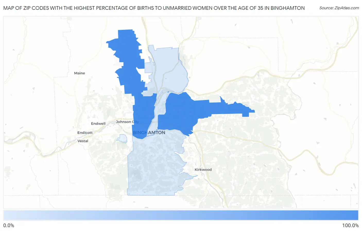 Zip Codes with the Highest Percentage of Births to Unmarried Women over the Age of 35 in Binghamton Map