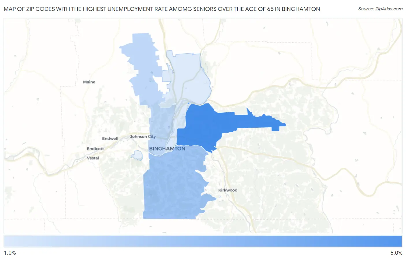 Zip Codes with the Highest Unemployment Rate Amomg Seniors Over the Age of 65 in Binghamton Map