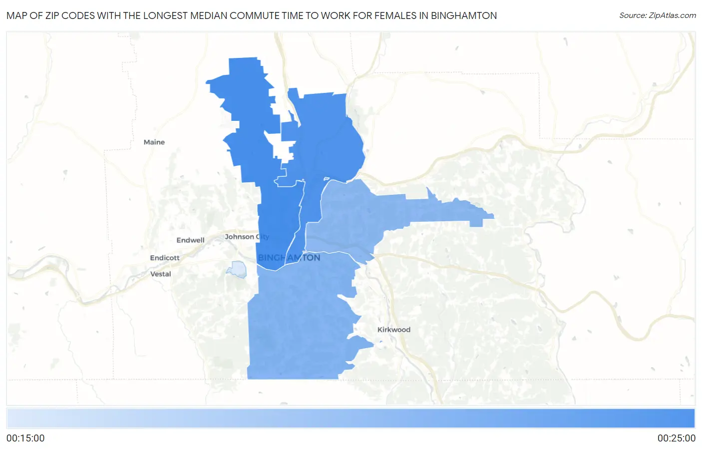 Zip Codes with the Longest Median Commute Time to Work for Females in Binghamton Map