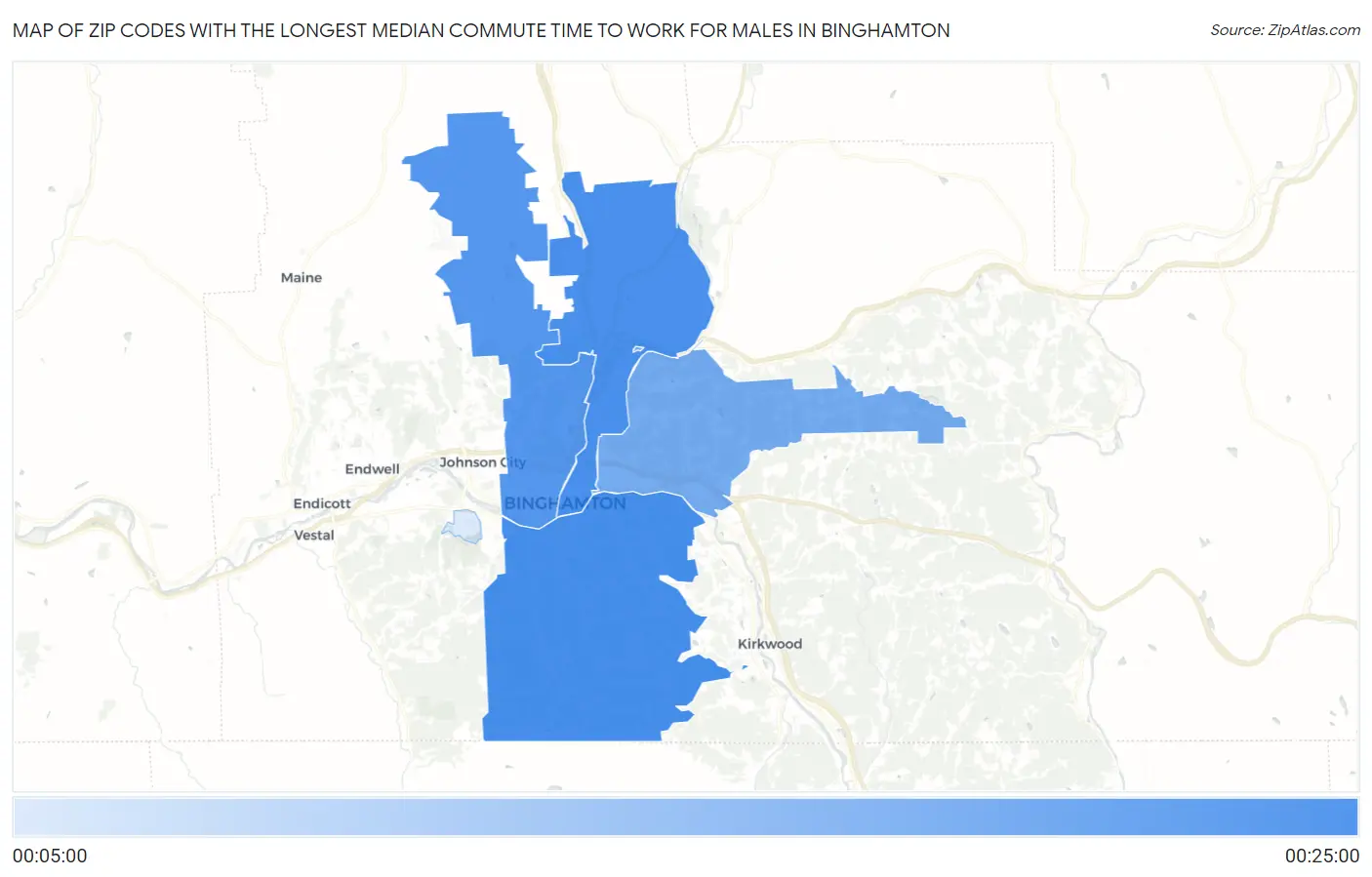Zip Codes with the Longest Median Commute Time to Work for Males in Binghamton Map