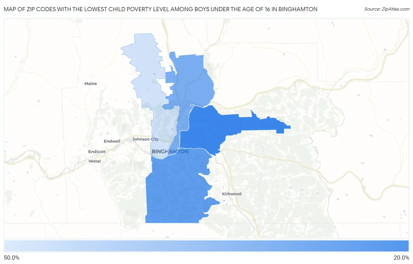 Zip Codes with the Lowest Child Poverty Level Among Boys Under the Age of 16 in Binghamton Map
