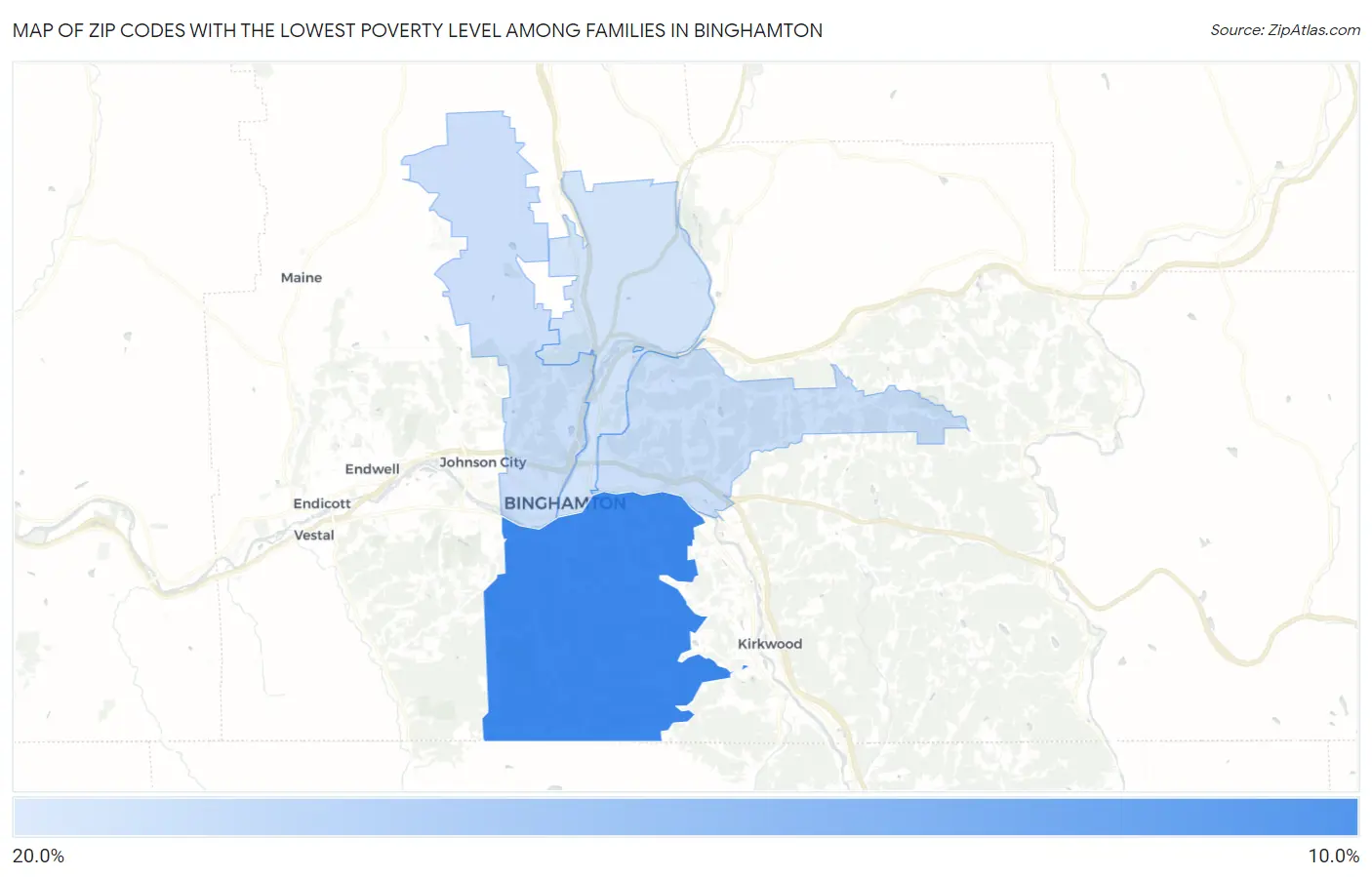 Zip Codes with the Lowest Poverty Level Among Families in Binghamton Map