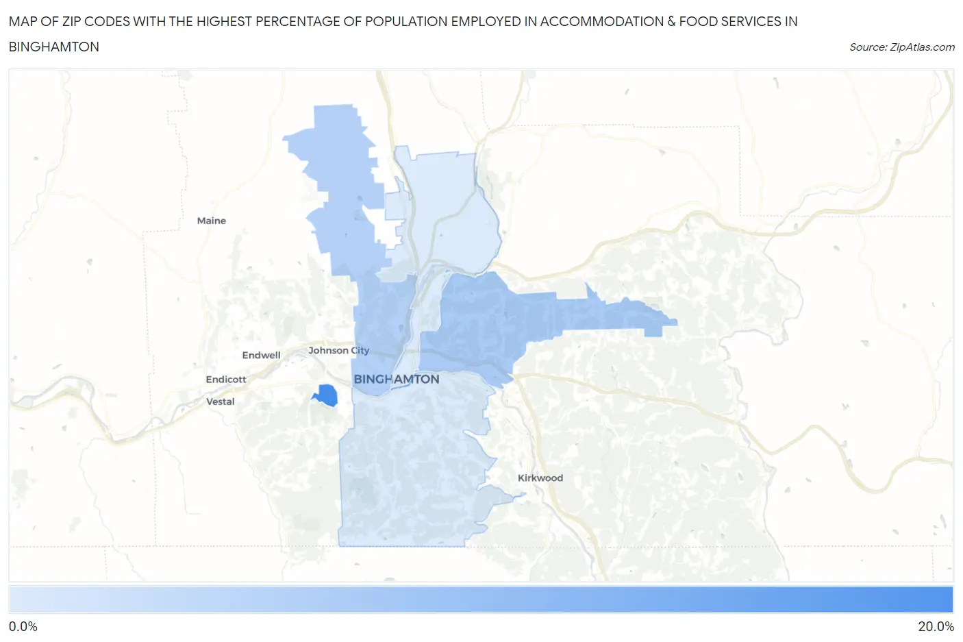 Zip Codes with the Highest Percentage of Population Employed in Accommodation & Food Services in Binghamton Map