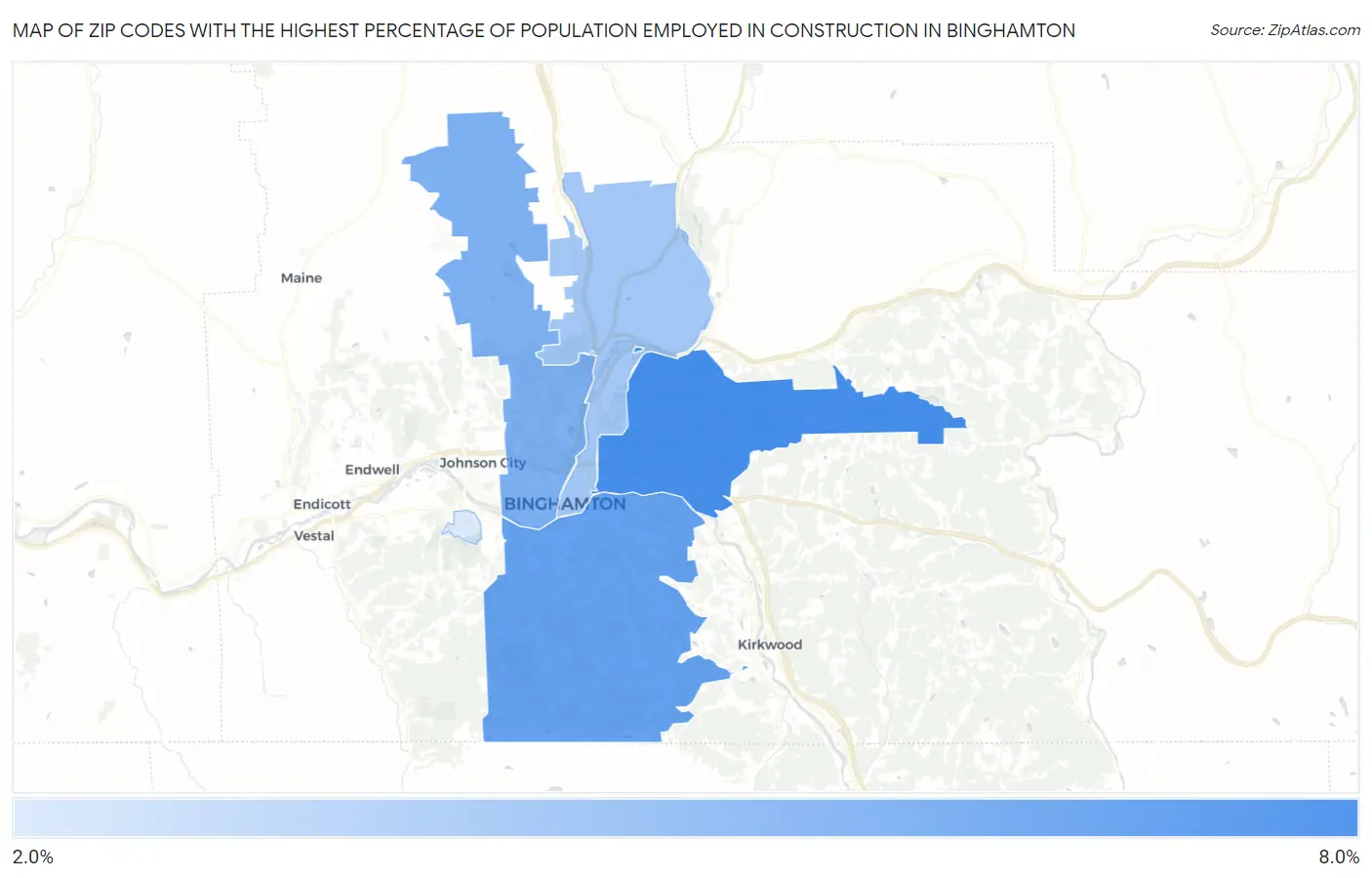 Zip Codes with the Highest Percentage of Population Employed in Construction in Binghamton Map