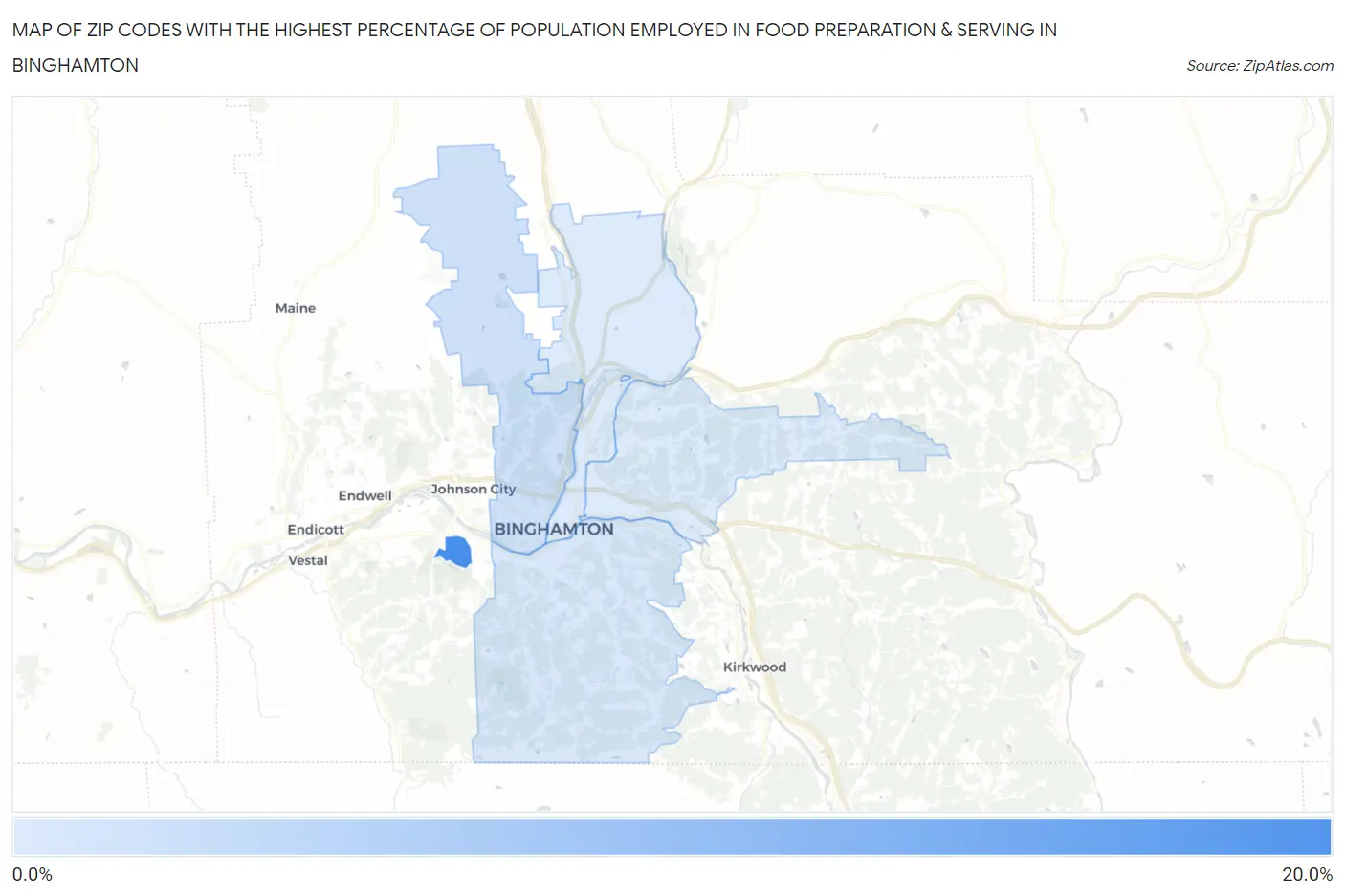 Zip Codes with the Highest Percentage of Population Employed in Food Preparation & Serving in Binghamton Map