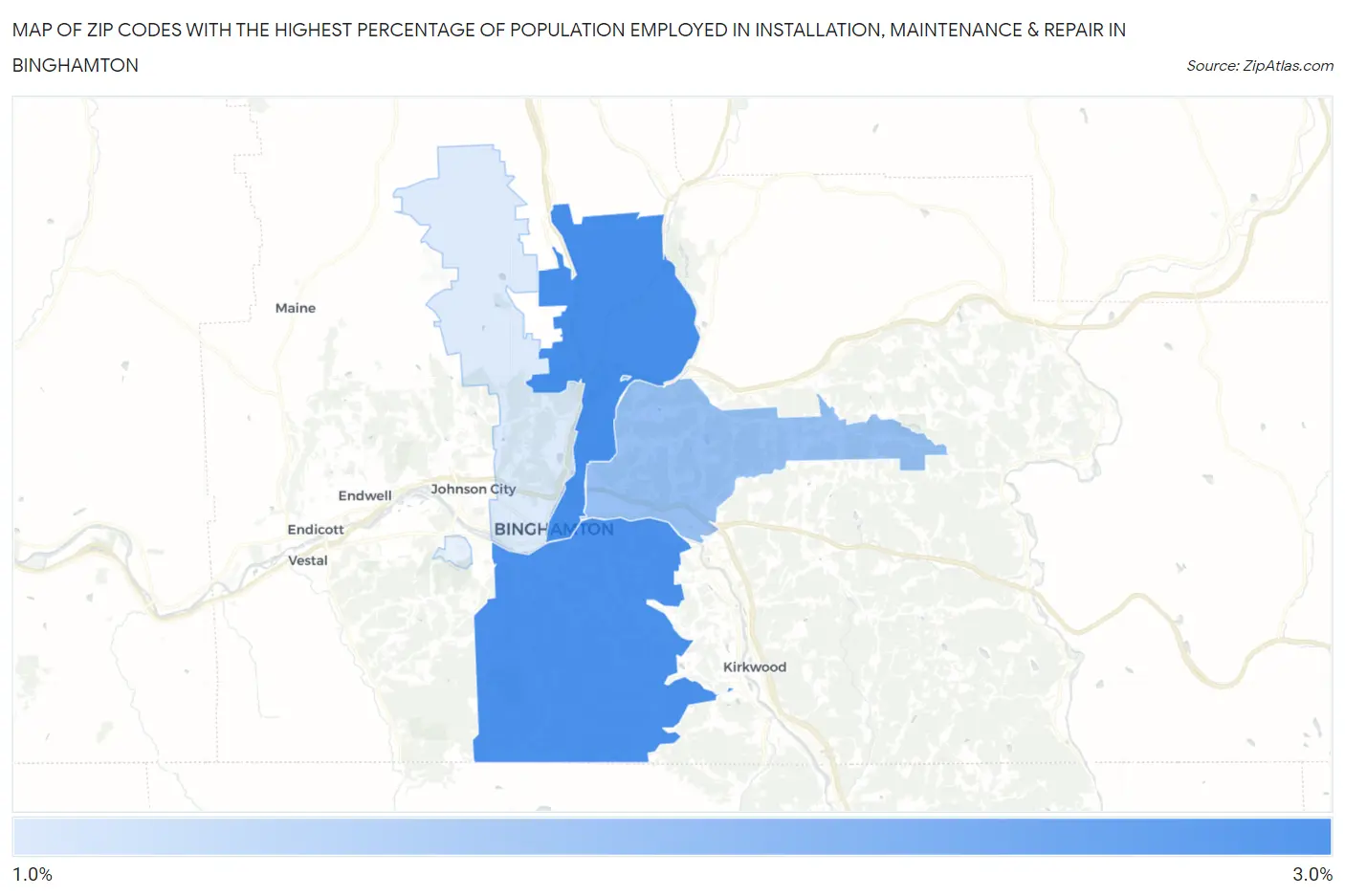 Zip Codes with the Highest Percentage of Population Employed in Installation, Maintenance & Repair in Binghamton Map