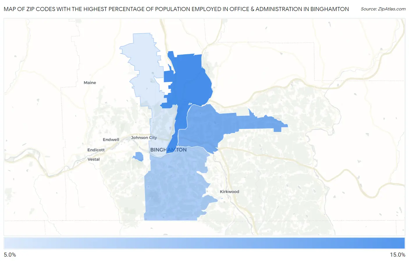 Zip Codes with the Highest Percentage of Population Employed in Office & Administration in Binghamton Map
