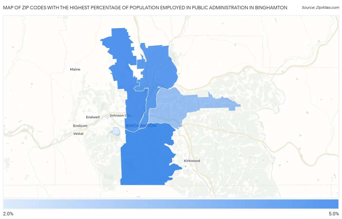 Zip Codes with the Highest Percentage of Population Employed in Public Administration in Binghamton Map