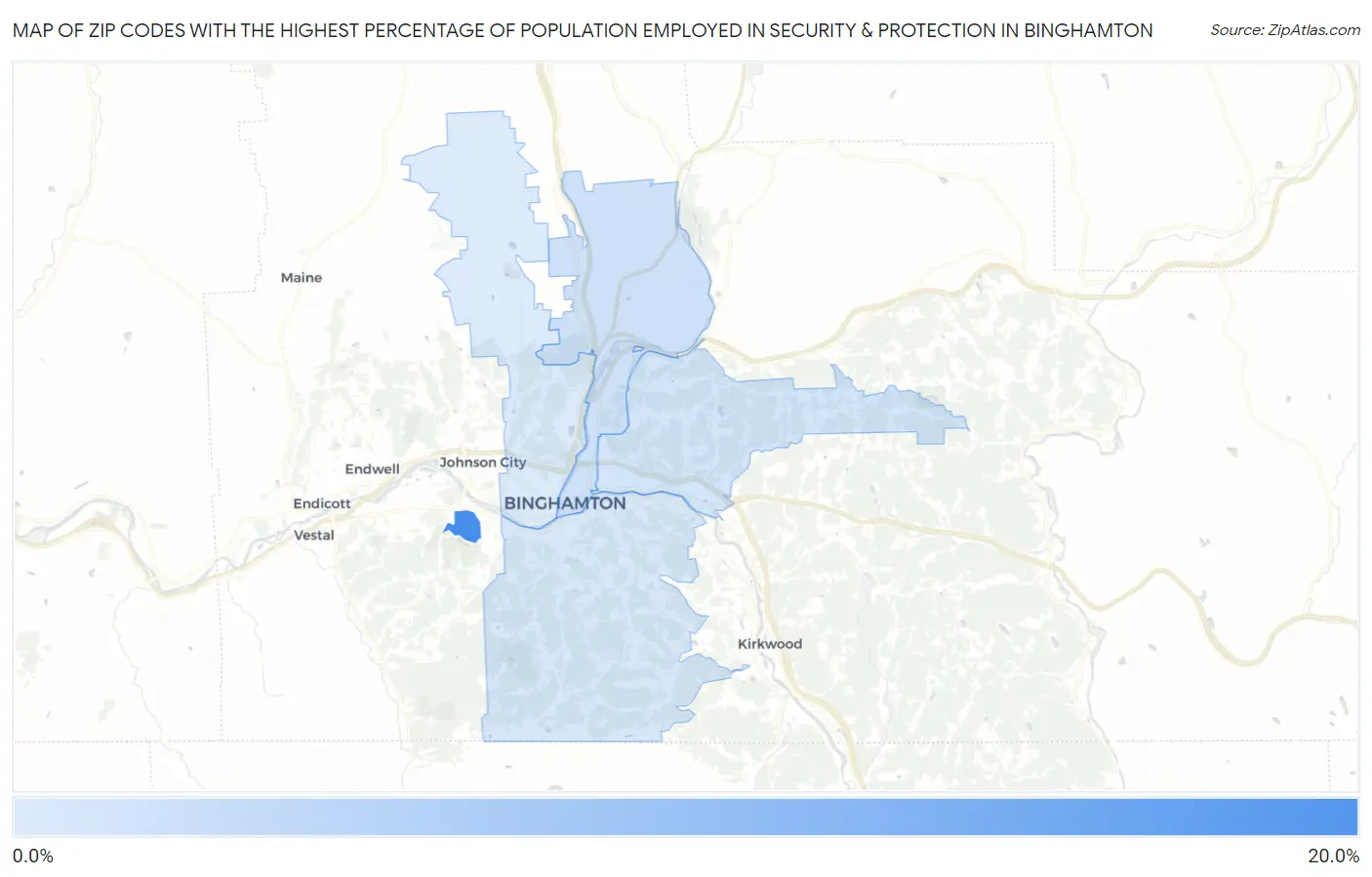 Zip Codes with the Highest Percentage of Population Employed in Security & Protection in Binghamton Map
