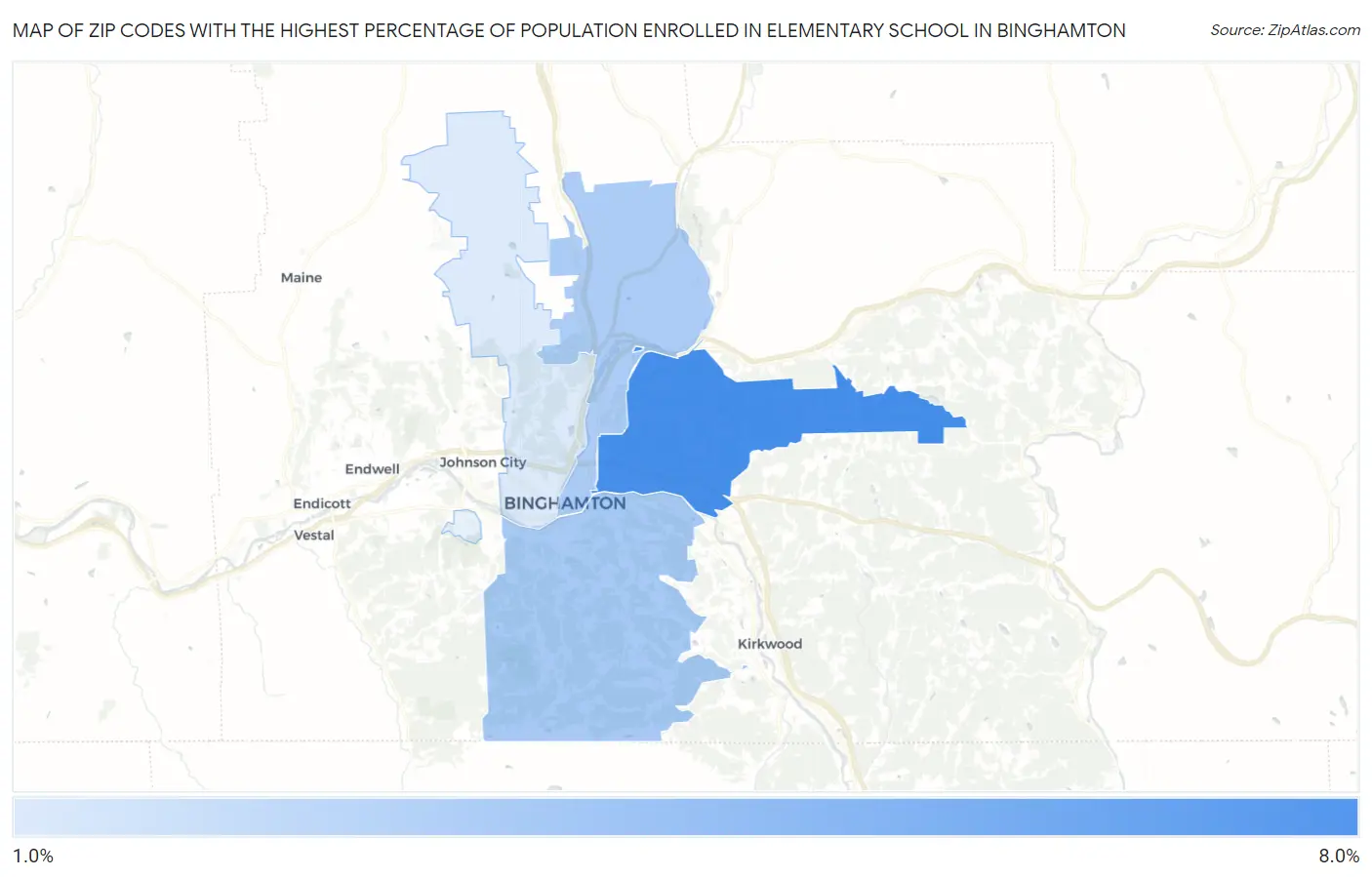 Zip Codes with the Highest Percentage of Population Enrolled in Elementary School in Binghamton Map