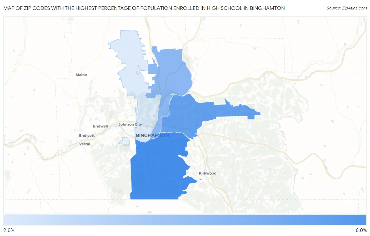 Zip Codes with the Highest Percentage of Population Enrolled in High School in Binghamton Map