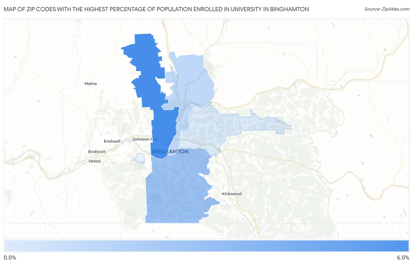 Zip Codes with the Highest Percentage of Population Enrolled in University in Binghamton Map