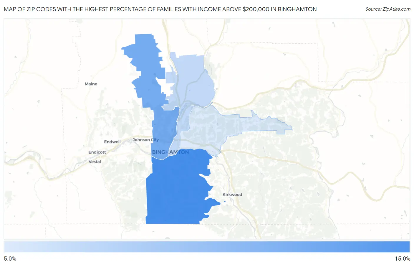 Zip Codes with the Highest Percentage of Families with Income Above $200,000 in Binghamton Map