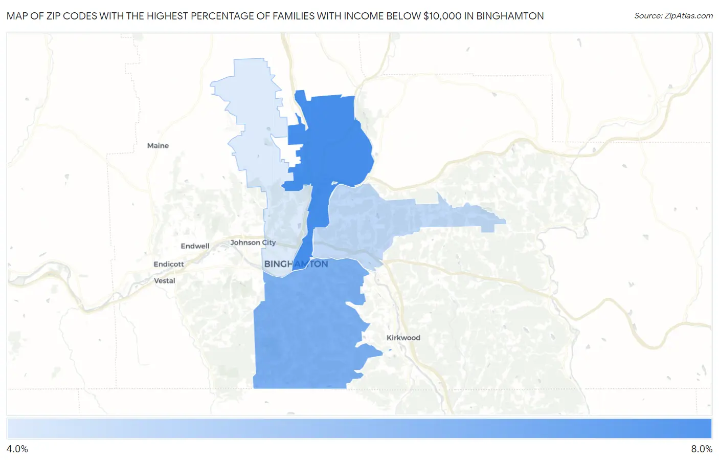 Zip Codes with the Highest Percentage of Families with Income Below $10,000 in Binghamton Map
