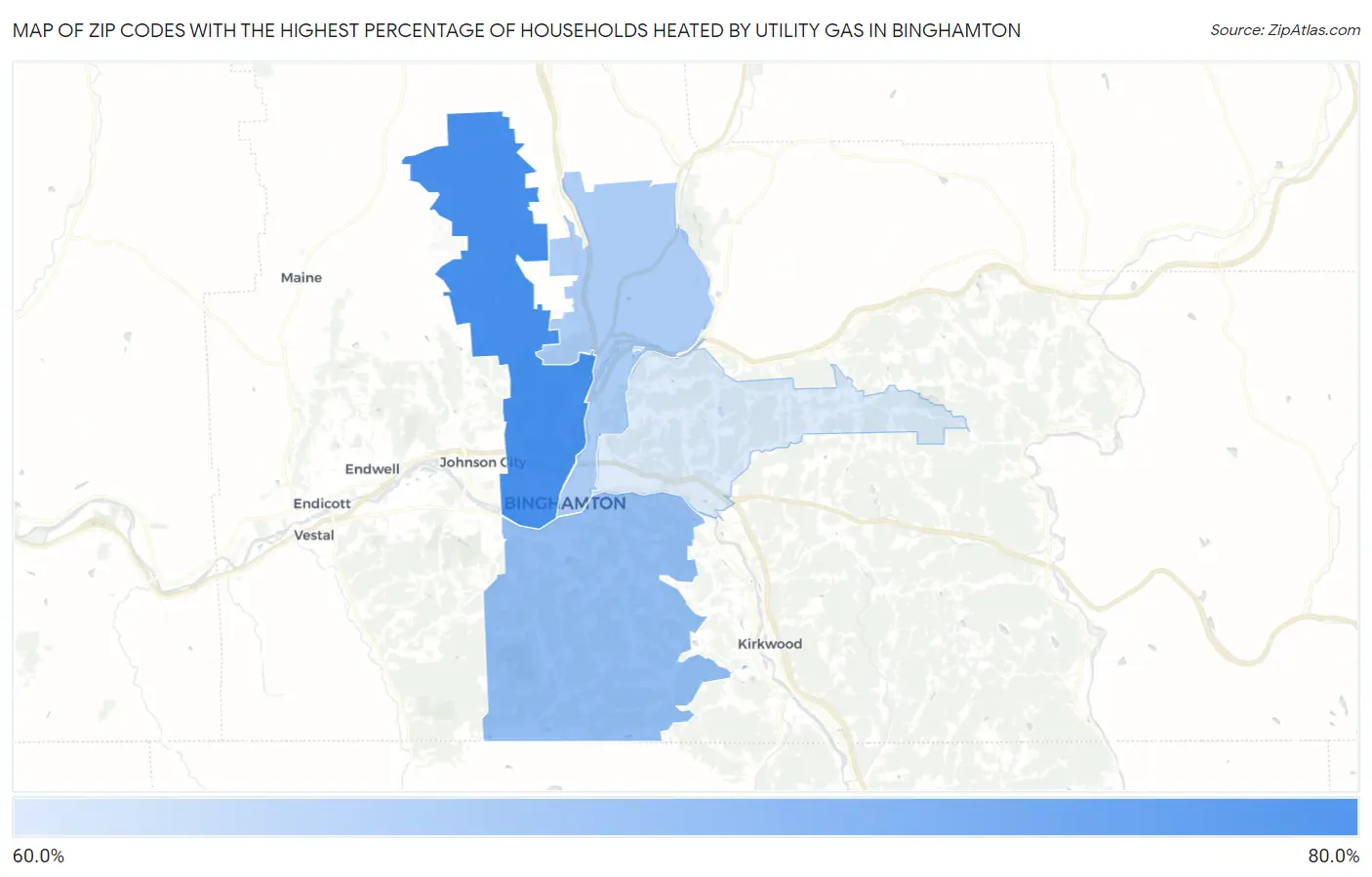 Zip Codes with the Highest Percentage of Households Heated by Utility Gas in Binghamton Map