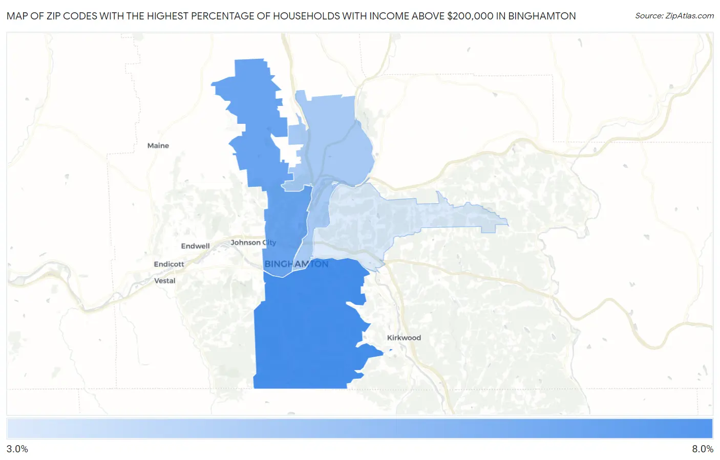 Zip Codes with the Highest Percentage of Households with Income Above $200,000 in Binghamton Map