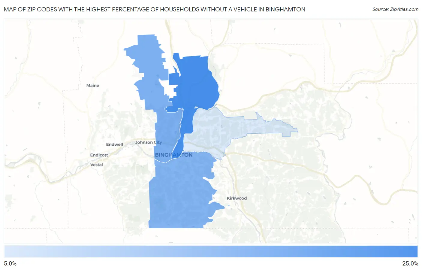Zip Codes with the Highest Percentage of Households Without a Vehicle in Binghamton Map