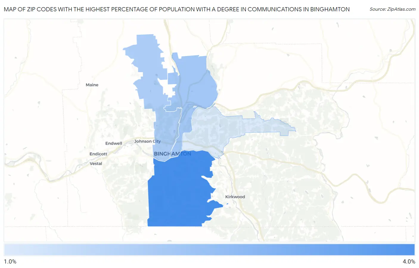 Zip Codes with the Highest Percentage of Population with a Degree in Communications in Binghamton Map