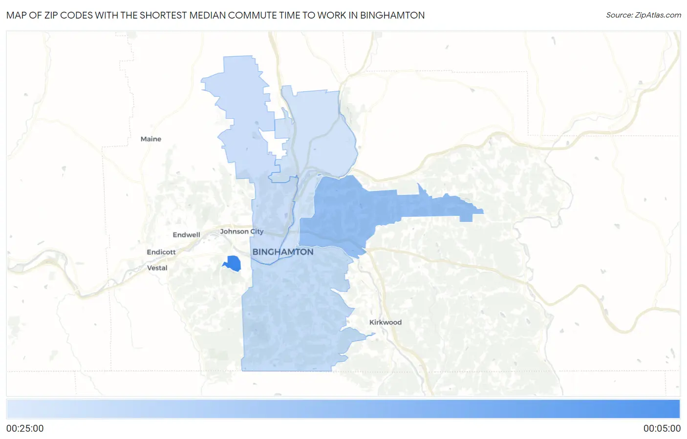 Zip Codes with the Shortest Median Commute Time to Work in Binghamton Map