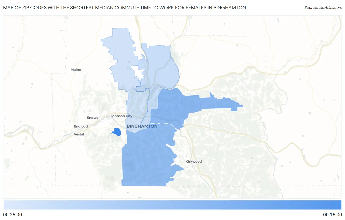 Zip Codes with the Shortest Median Commute Time to Work for Females in Binghamton Map